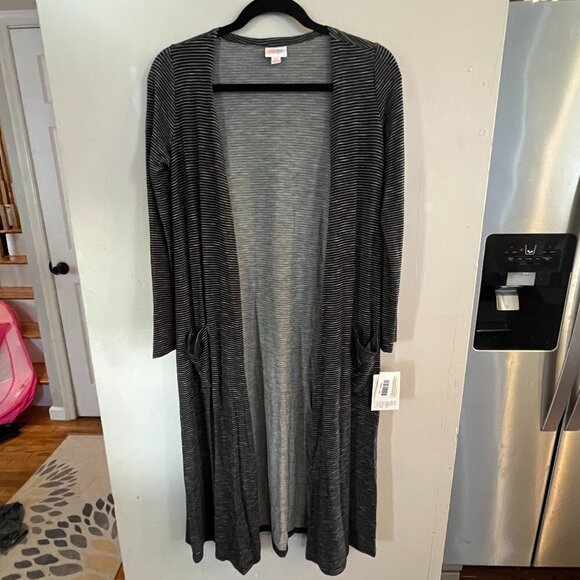 LULAROE Women's Black & White Striped Sarah Open Front Long Duster Cardigan NEW - Picture 1 of 5